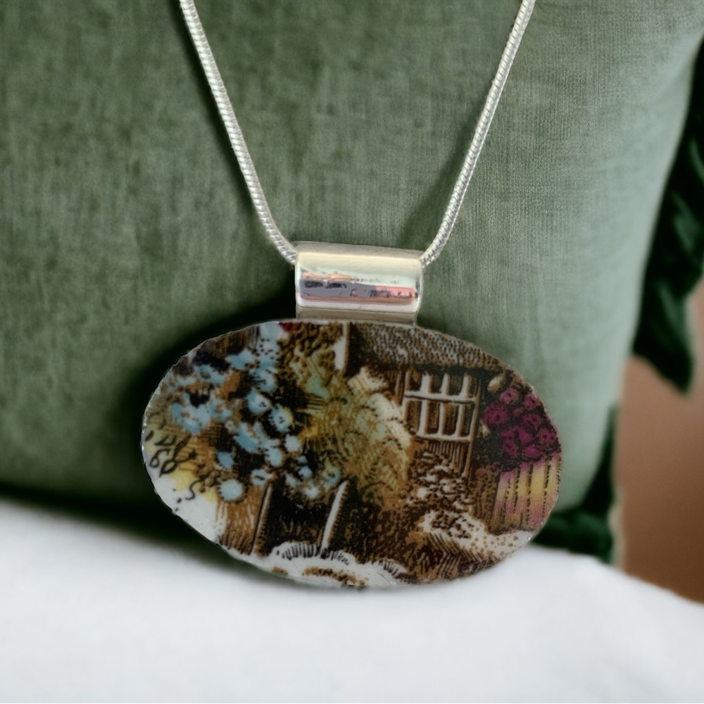 Broken china pendant. Wood and Sons English China. Artisan made. One of a kind.